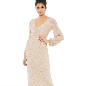 Mac Duggal SEQUINED ILLUSION PUFF SLEEVE V NECK MIDI DRESS GOWN